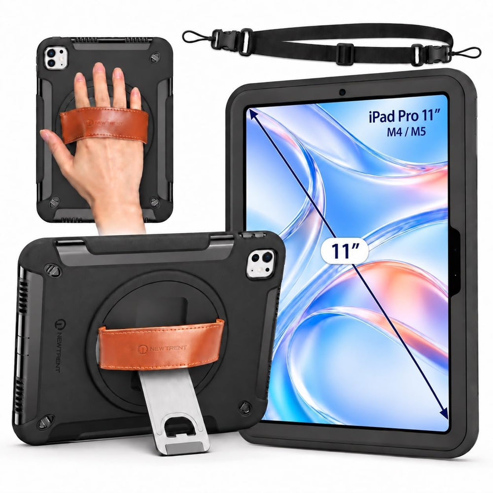 Front and rear views of the 11-inch NT110GP case with included shoulder strap and hand strap in use