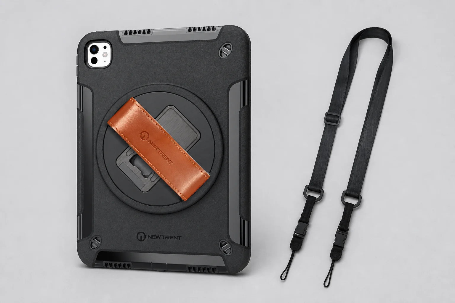 Grabbit Pro 11 case showing three shoulder strap mounting openings, with the detachable strap beside it