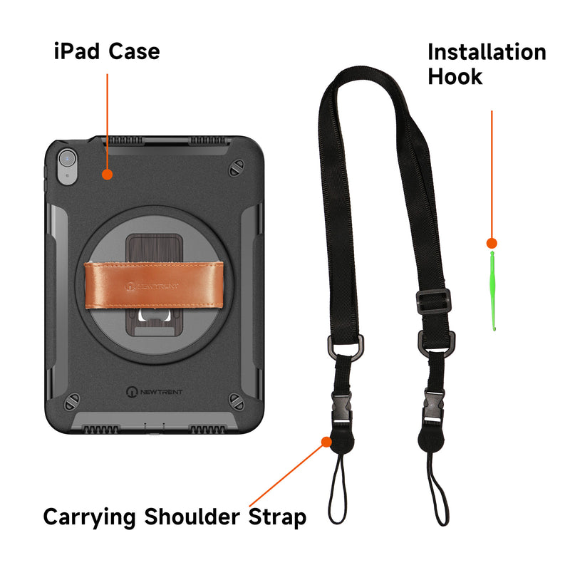 Gladius iPad Air 11-inch (M3 2025 / M2 2024, 7th / 6th Gen) Rugged Case | Built-in Screen Protector, 360° Rotating Kickstand, Genuine Leather Hand Strap, Detachable Shoulder Strap – NT606GR