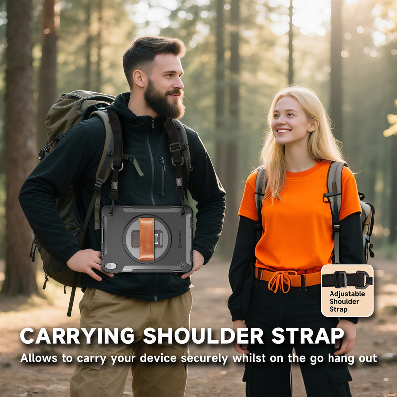 Gladius iPad Air 11-inch (M3 2025 / M2 2024, 7th / 6th Gen) Rugged Case | Built-in Screen Protector, 360° Rotating Kickstand, Genuine Leather Hand Strap, Detachable Shoulder Strap – NT606GR