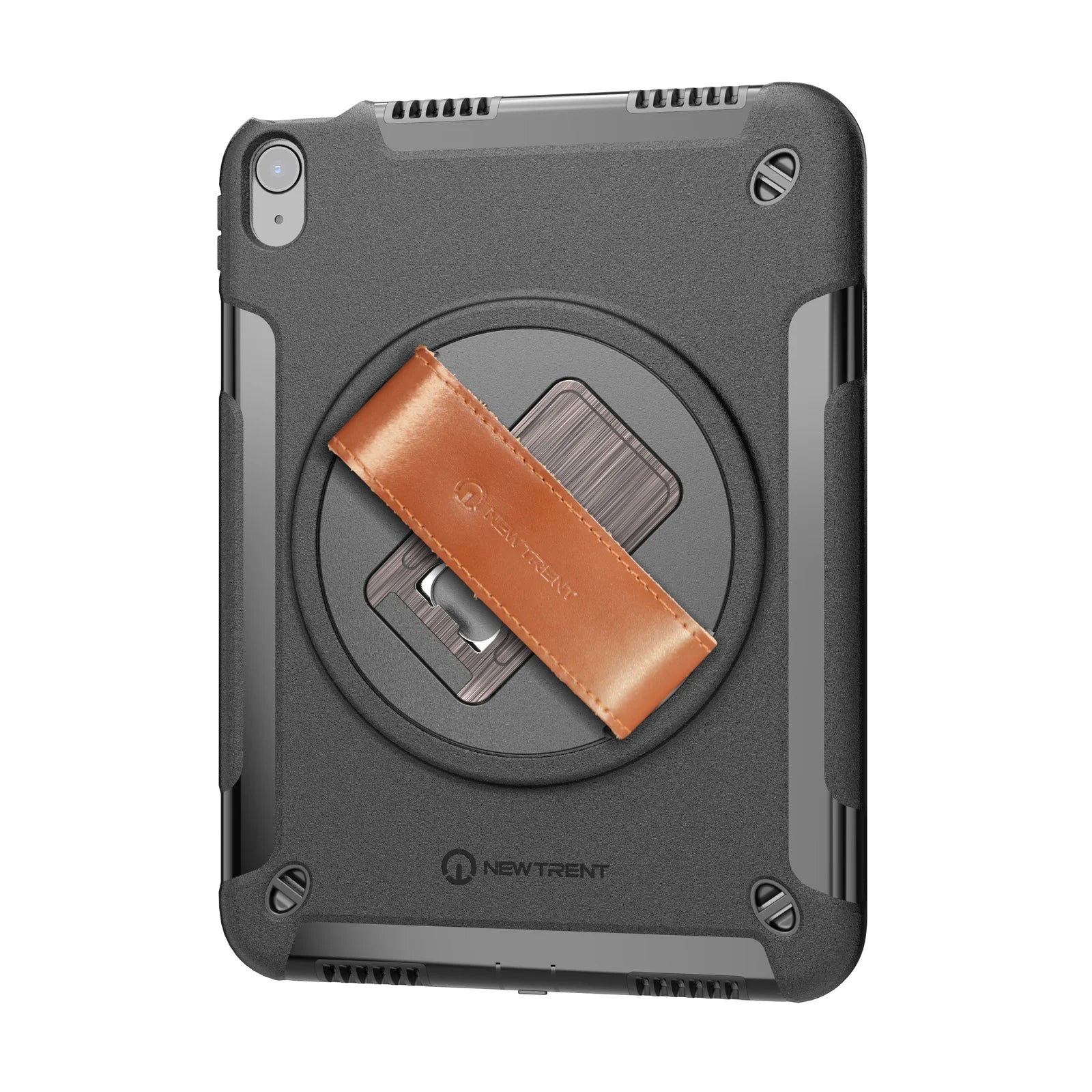 Grabbit for iPad Air with three shoulder strap mounting openings, leather hand strap and kickstand